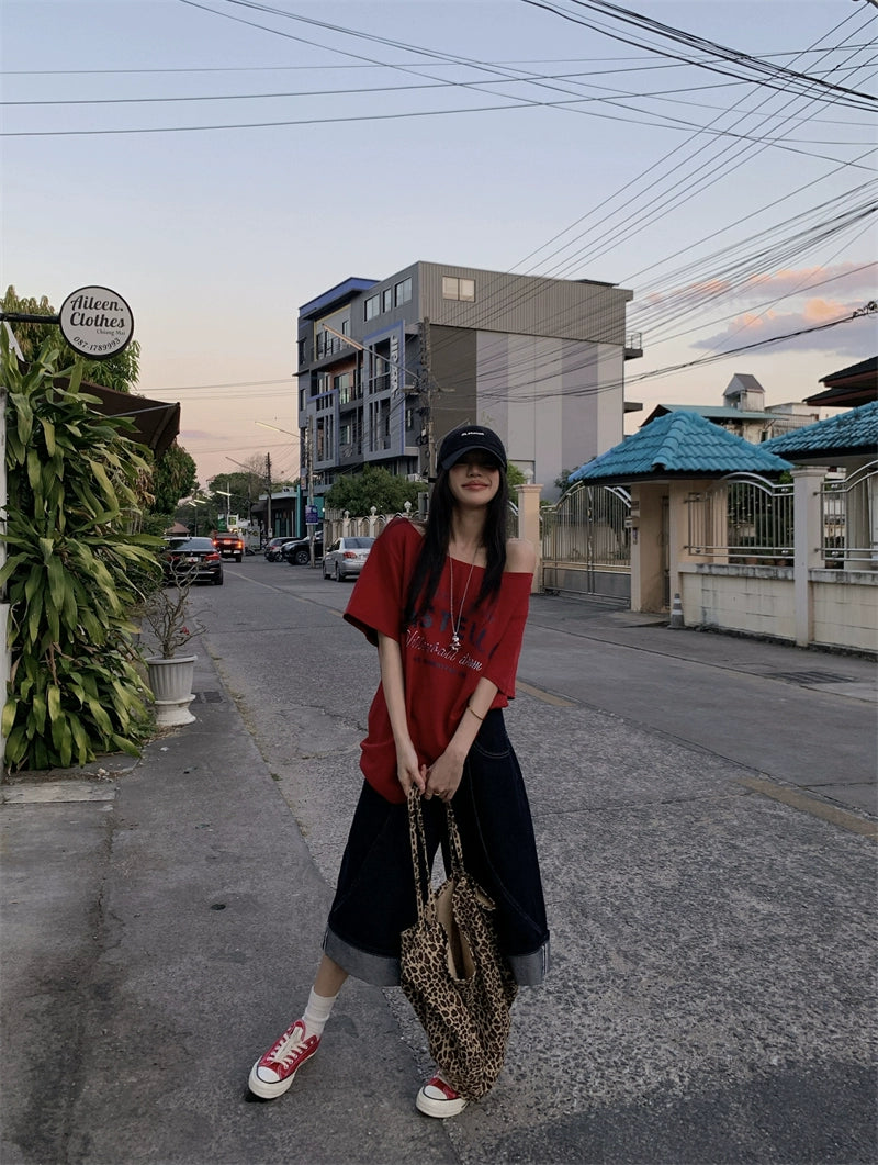 Off Shoulder Oversized Red Tee