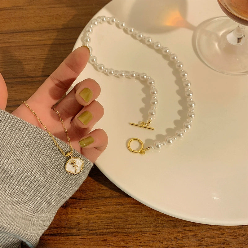 Pearl Chain Toggle Coin Necklace