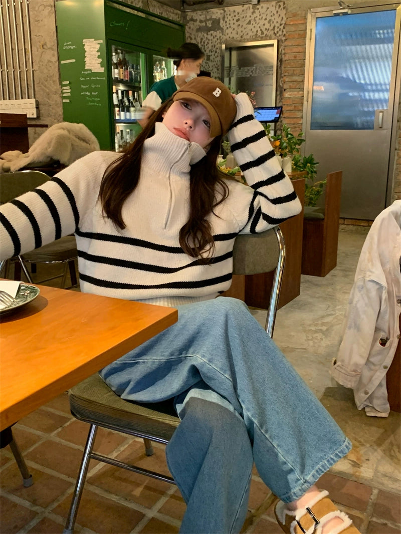 Stripe Zipped-Up Turtleneck Sweater