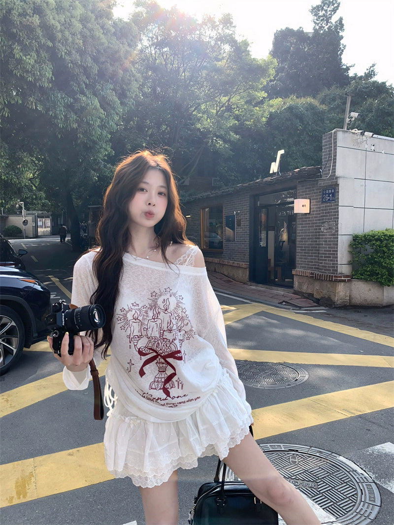 Lace Ruffle Graphic Long Sleeve Set