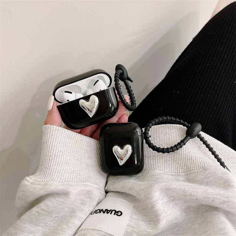 Black Silver Heart Airpods Case