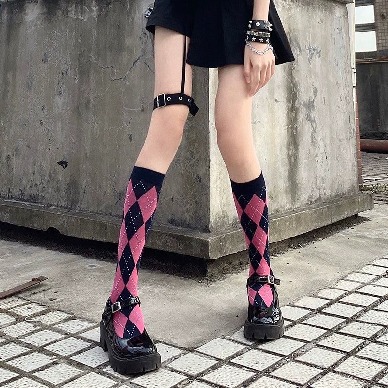 Vibrant Pink Diamond Knee-High Socks