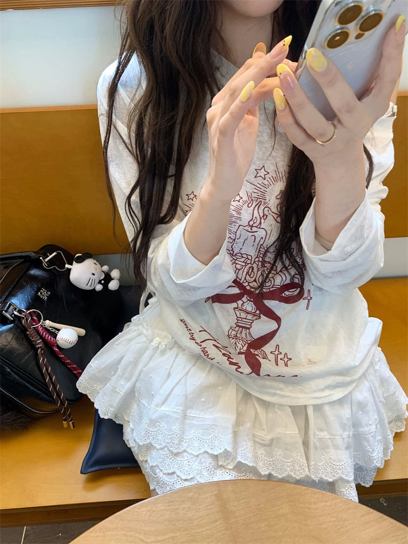 Lace Ruffle Graphic Long Sleeve Set