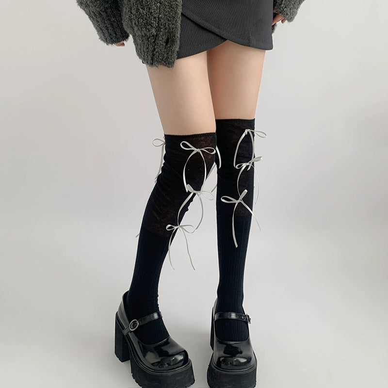 Stylish Gray Over-Knee Ribbon Socks