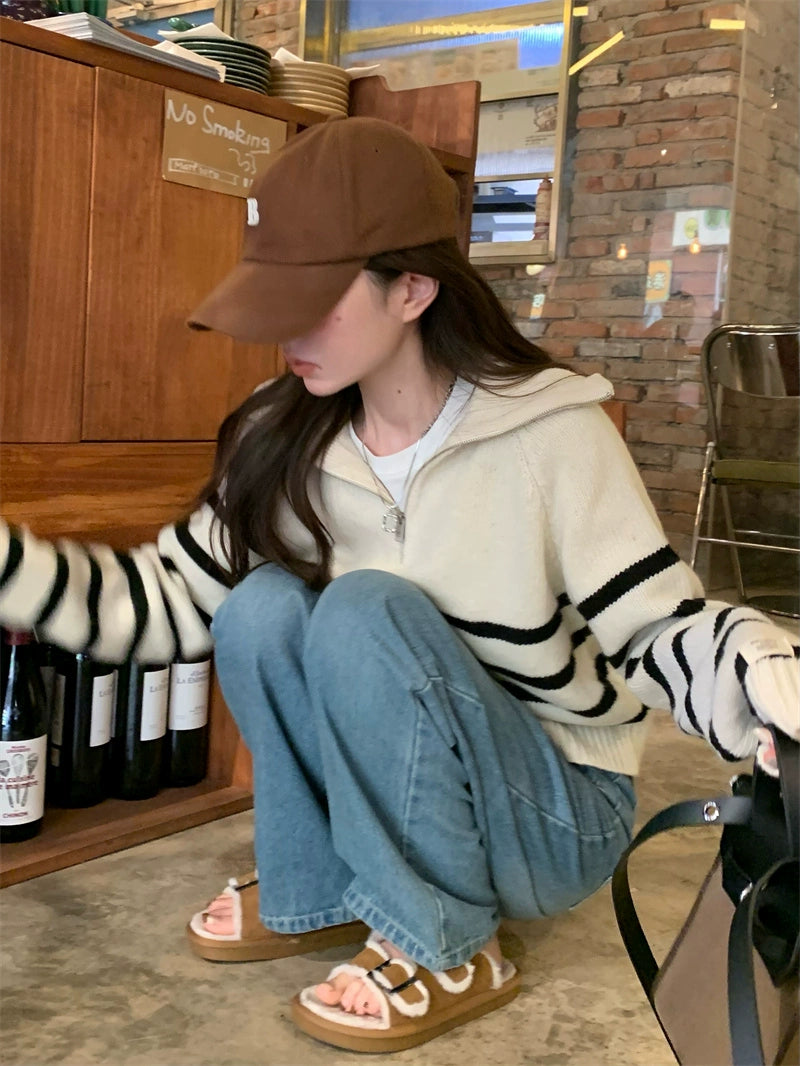 Stripe Zipped-Up Turtleneck Sweater