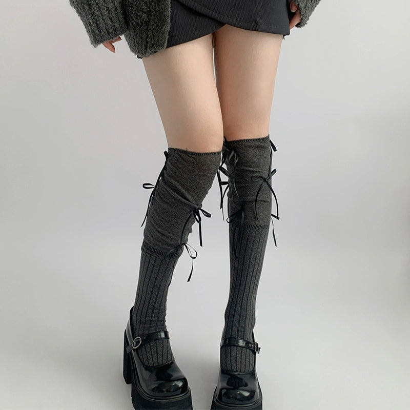 Stylish Gray Over-Knee Ribbon Socks