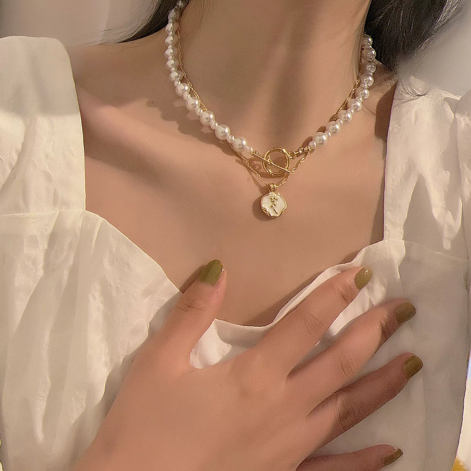 Pearl Chain Toggle Coin Necklace