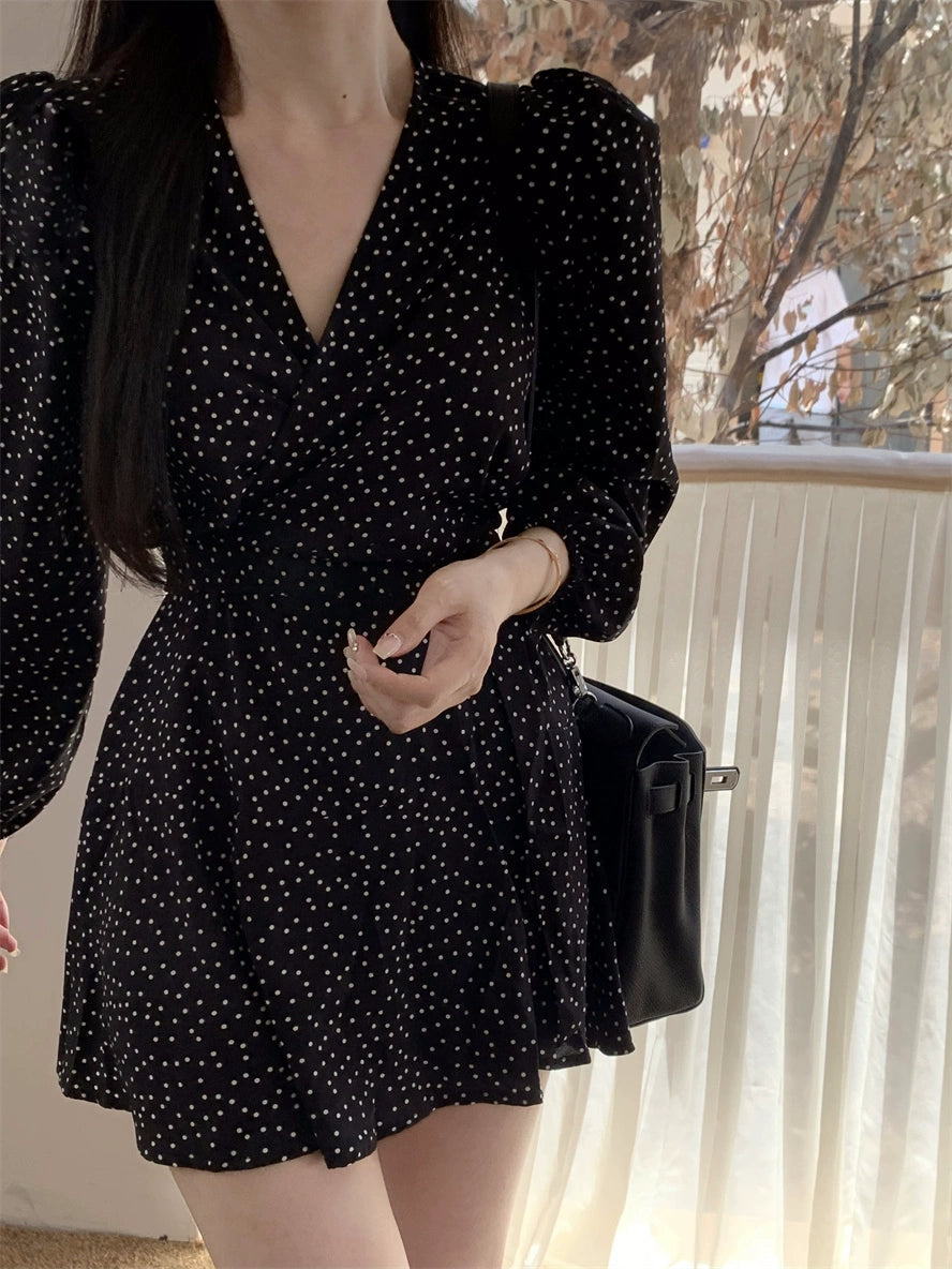 Elegant Black Polka Dot Long Sleeve Wrap Dress – Little Jamie