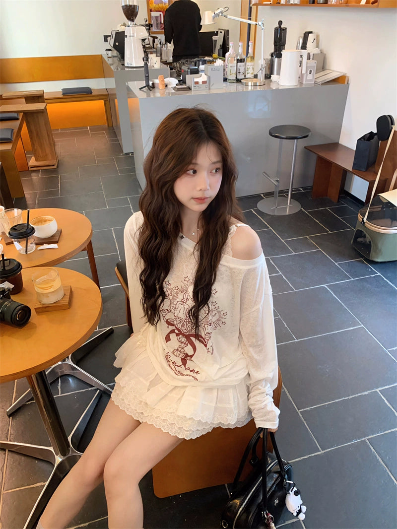 Lace Ruffle Graphic Long Sleeve Set