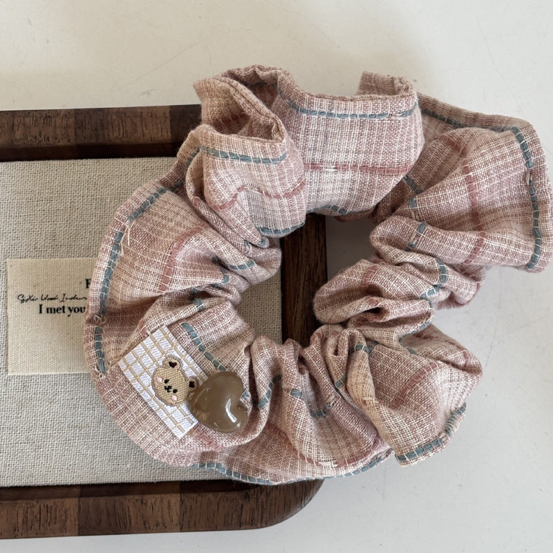 Handmade Teddy Heart Plaid Scrunchie