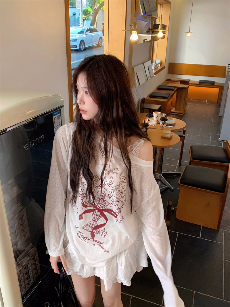 Lace Ruffle Graphic Long Sleeve Set