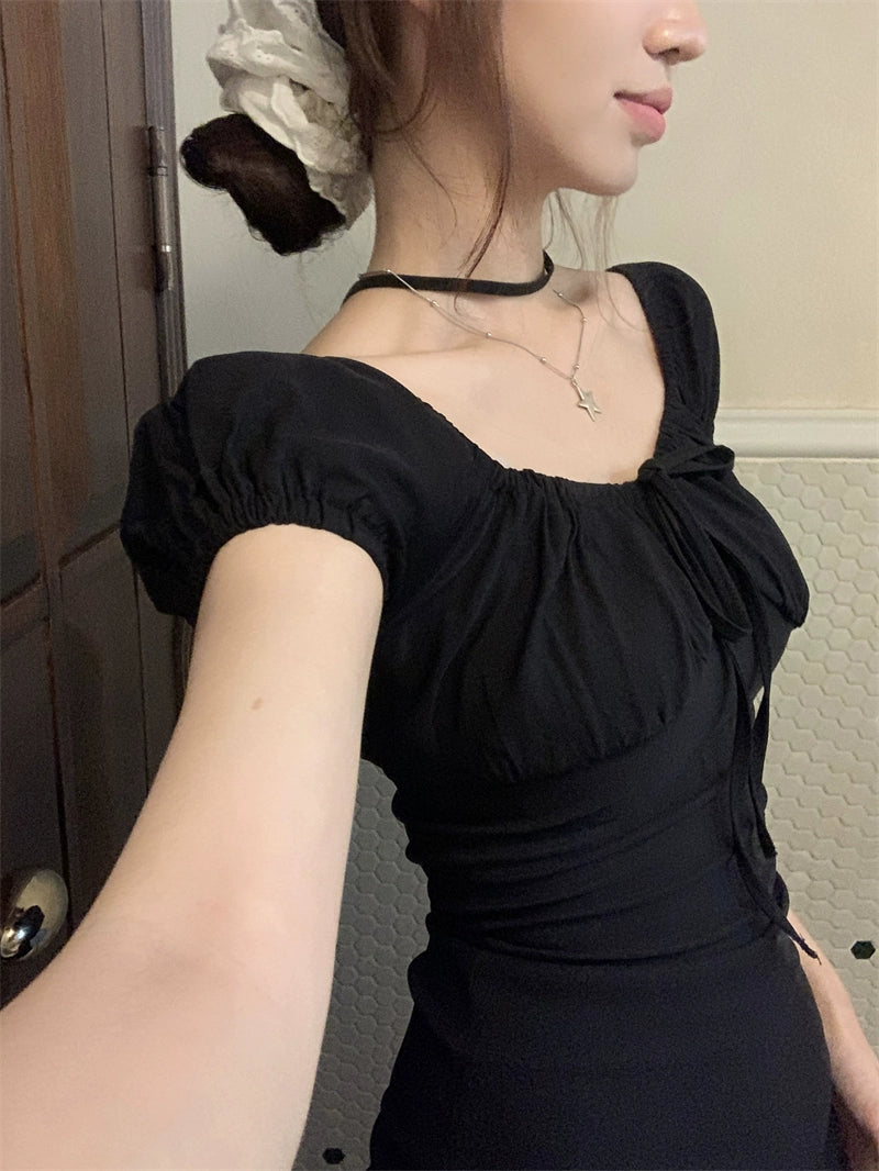 Basic Ruched Bust Black Dress