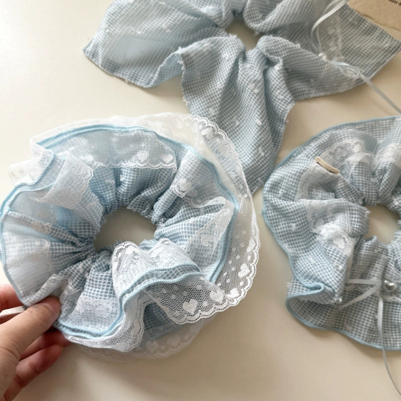 Pastel Gingham Lace Hair Scrunchie