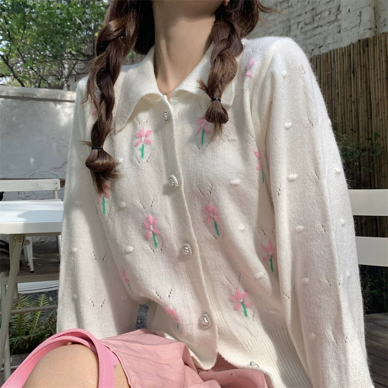 Pink Flower Beige Cardigan