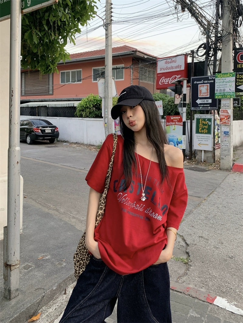 Off Shoulder Oversized Red Tee