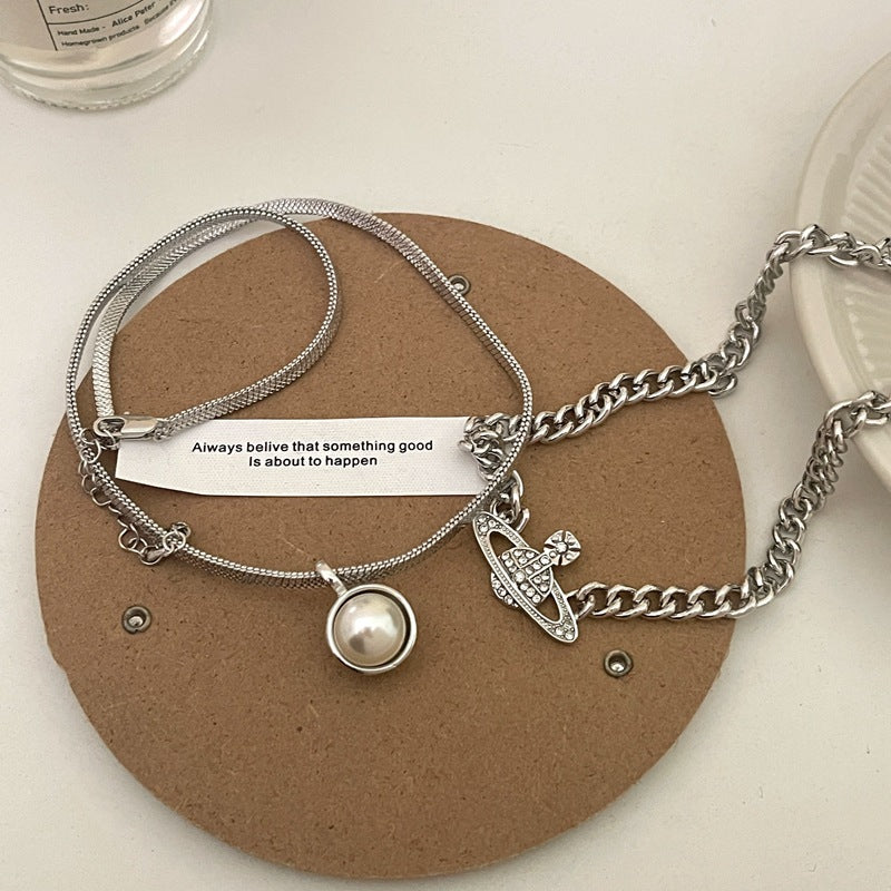 Rhinestone Planet with Pearl Layer Necklace