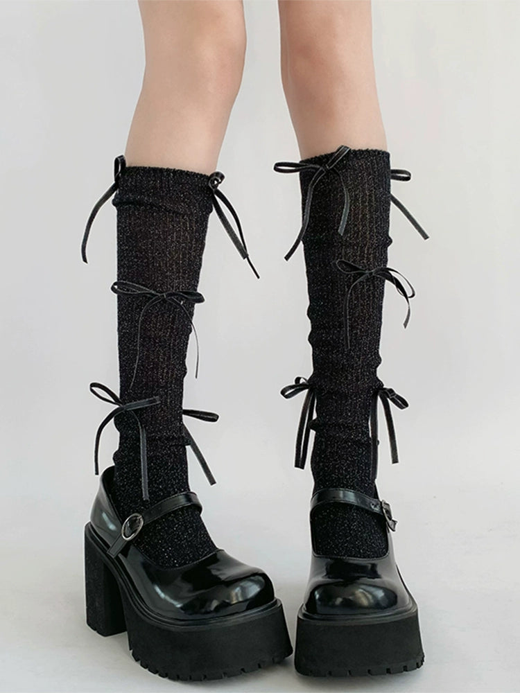 Elegant Cream Ribbed Ballet-Inspired Lace-Up Socks