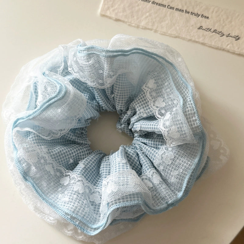 Pastel Gingham Lace Hair Scrunchie