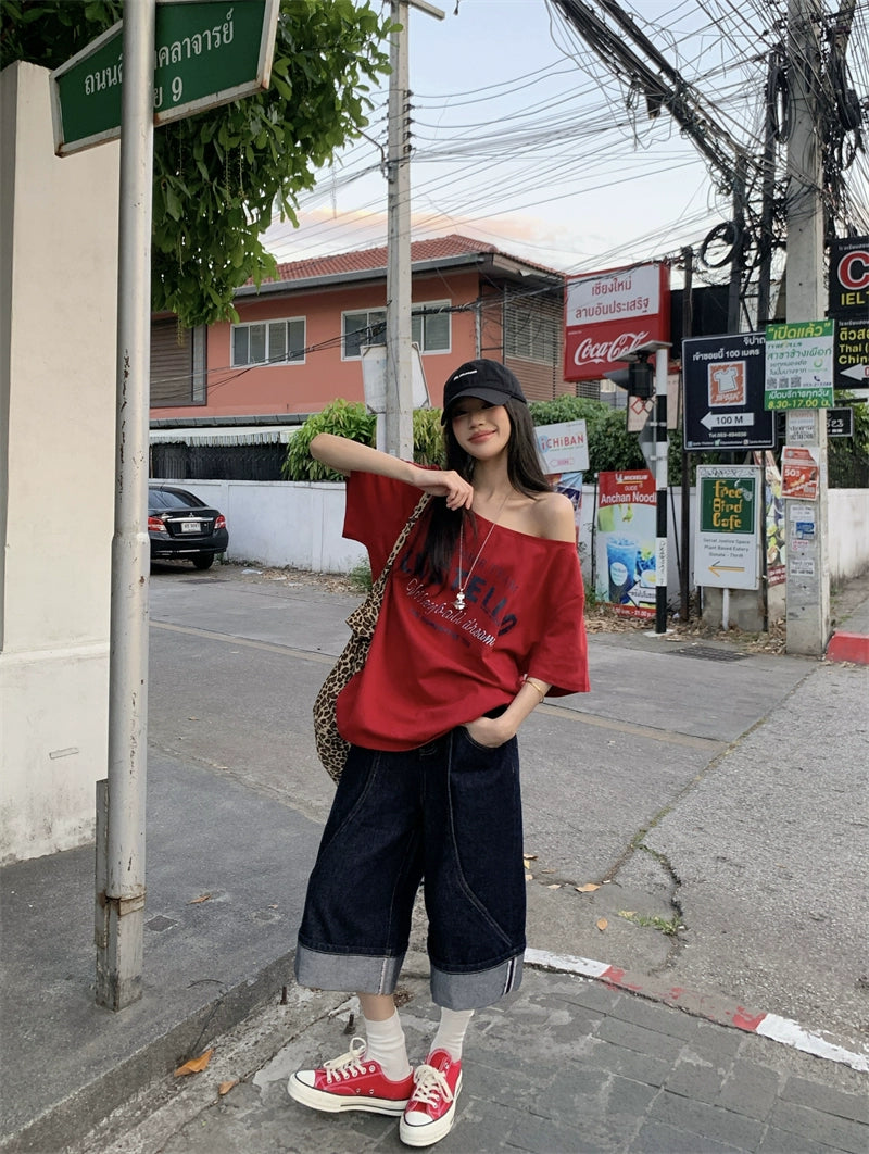 Off Shoulder Oversized Red Tee
