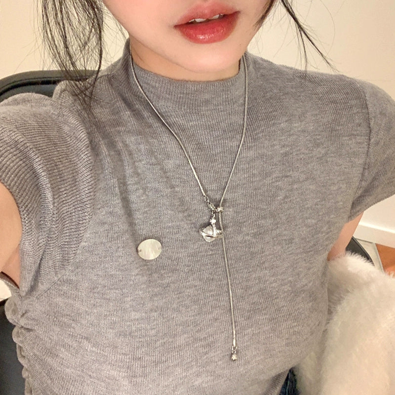 Silver Saturn Planet Lariat Necklace