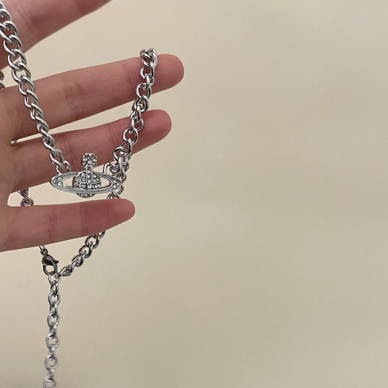 Rhinestone Planet with Pearl Layer Necklace