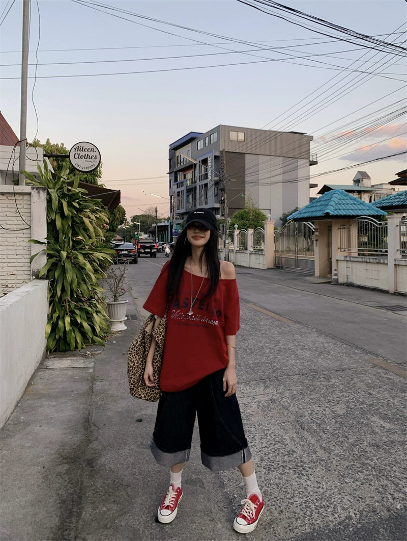 Off Shoulder Oversized Red Tee