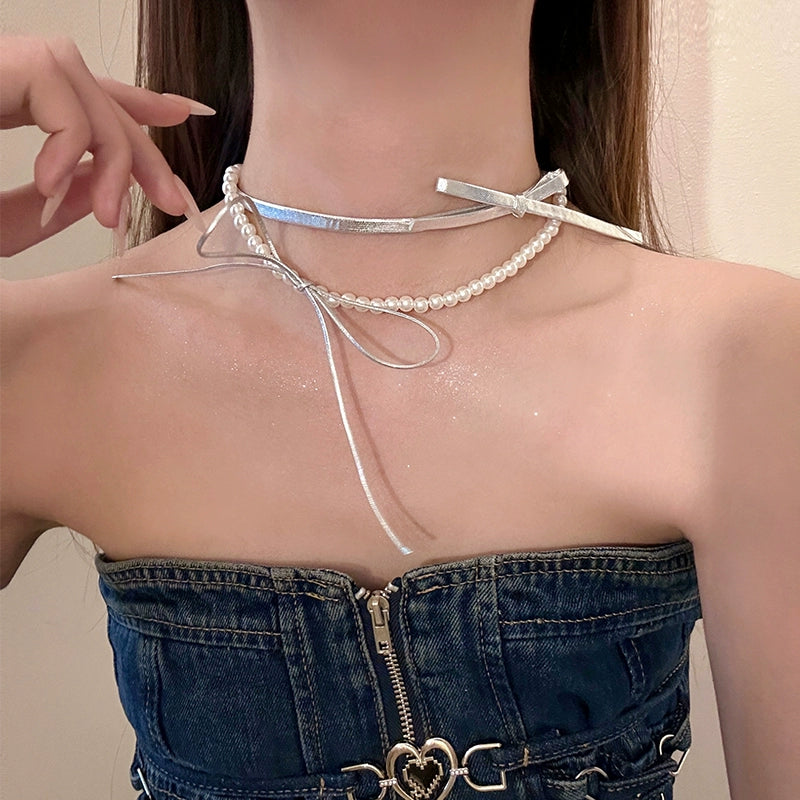 Silver Ribbon Layered Choker Jewelry