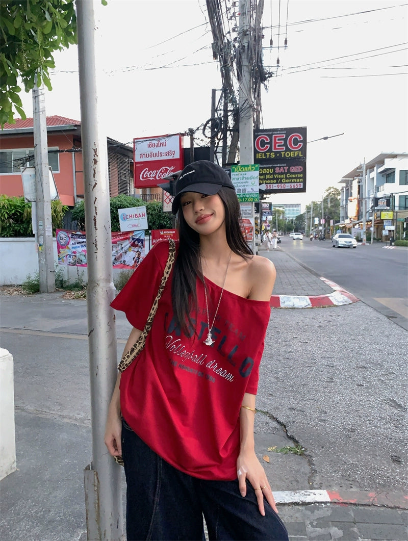 Off Shoulder Oversized Red Tee