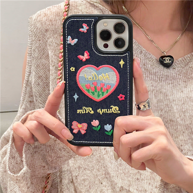 Embroidered Tulip Denim Case