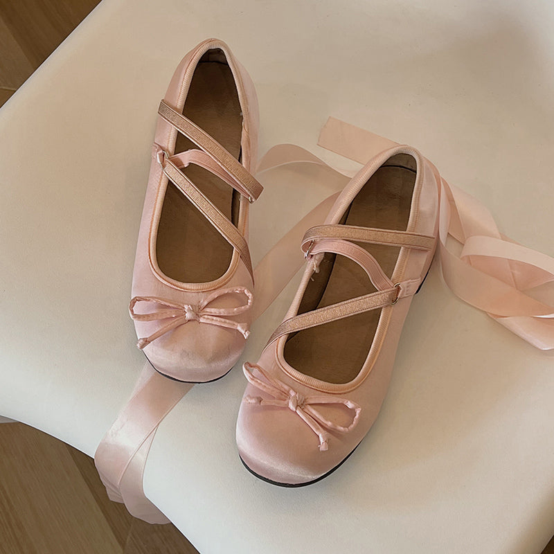 Ribbon Double Strap Mid Heel Flat Shoe