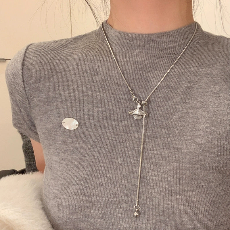 Silver Saturn Planet Lariat Necklace