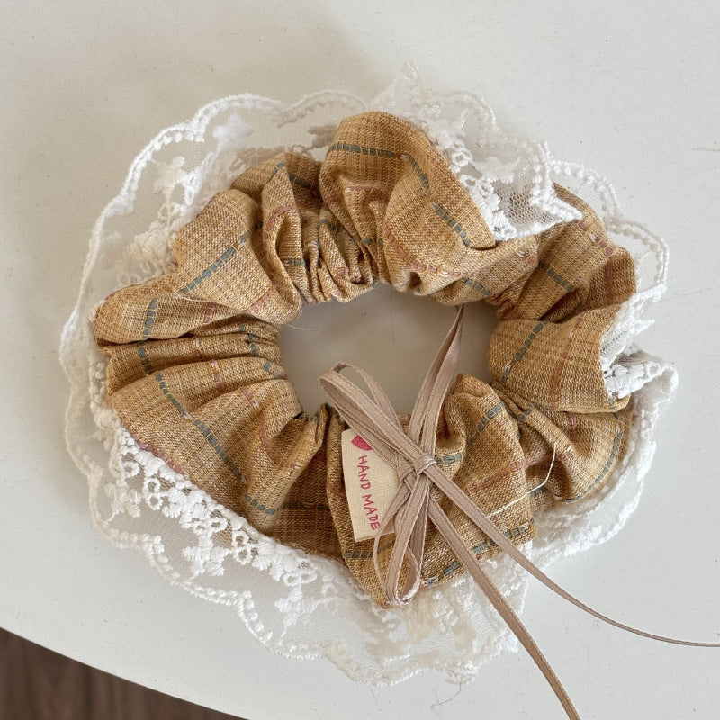 Handmade Teddy Heart Plaid Scrunchie