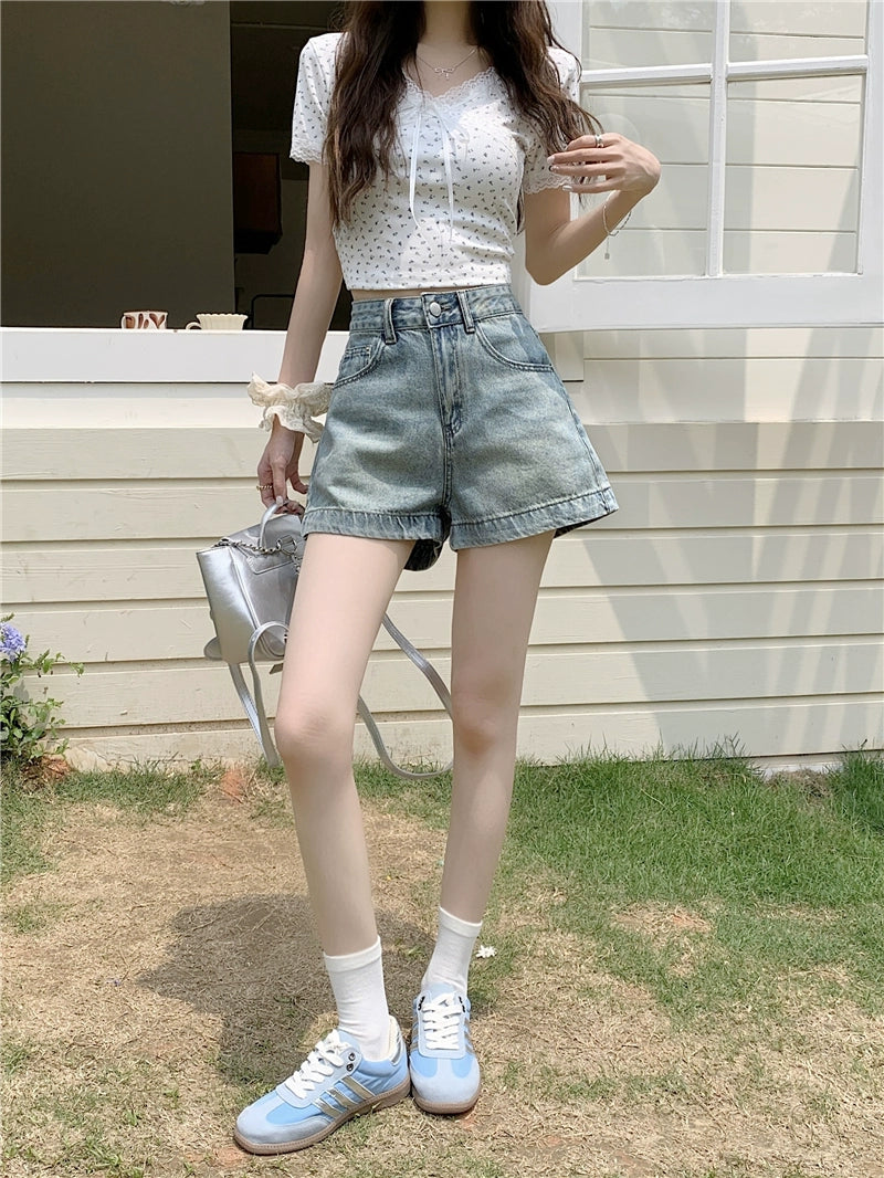 High-Waisted Casual Denim Shorts