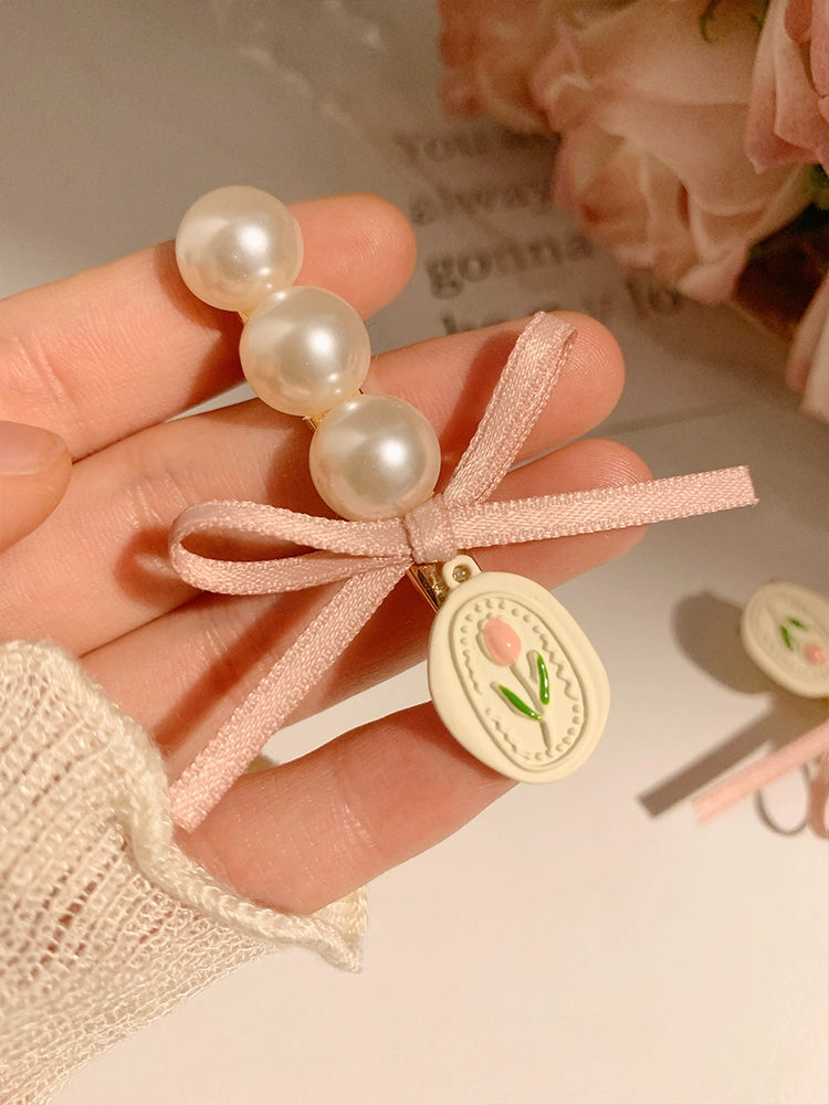 Sweet Bow Pearl Hair Barrettes