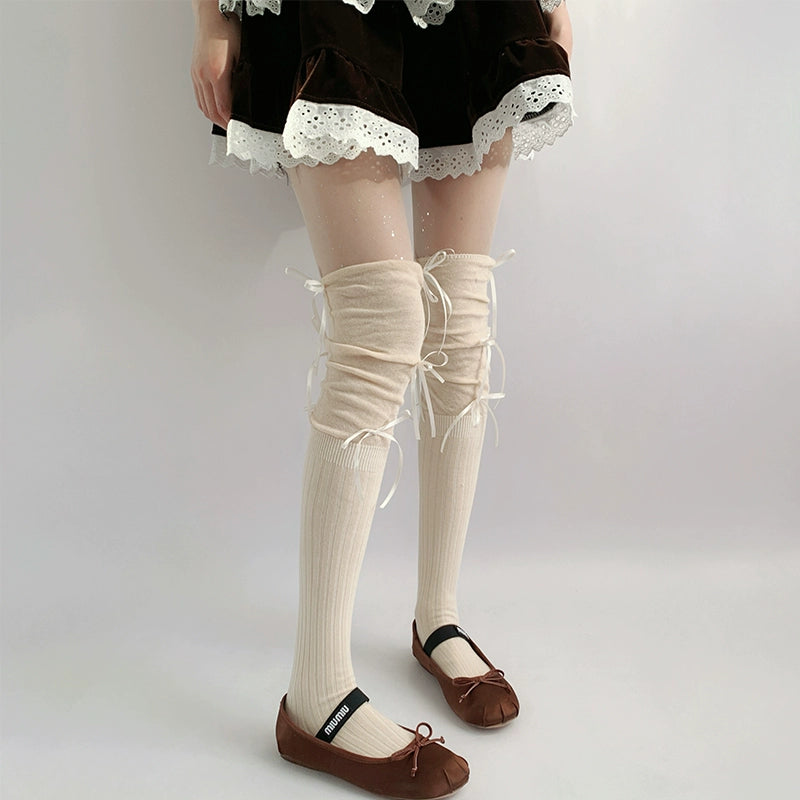 Stylish Gray Over-Knee Ribbon Socks