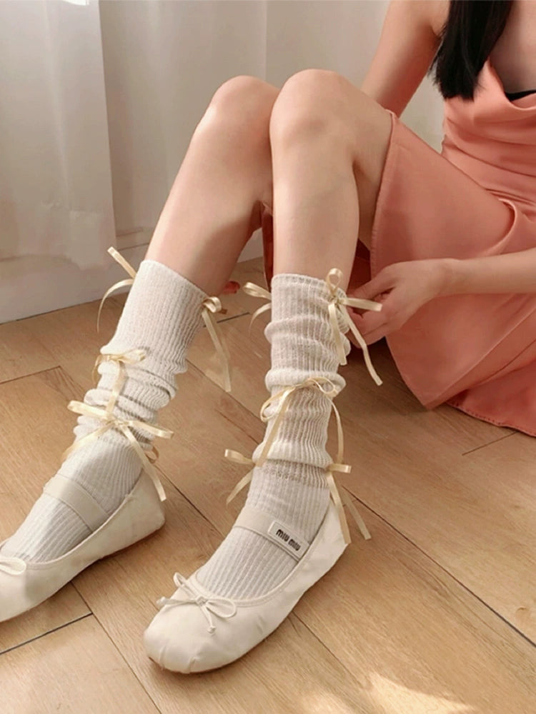 Elegant Cream Ribbed Ballet-Inspired Lace-Up Socks
