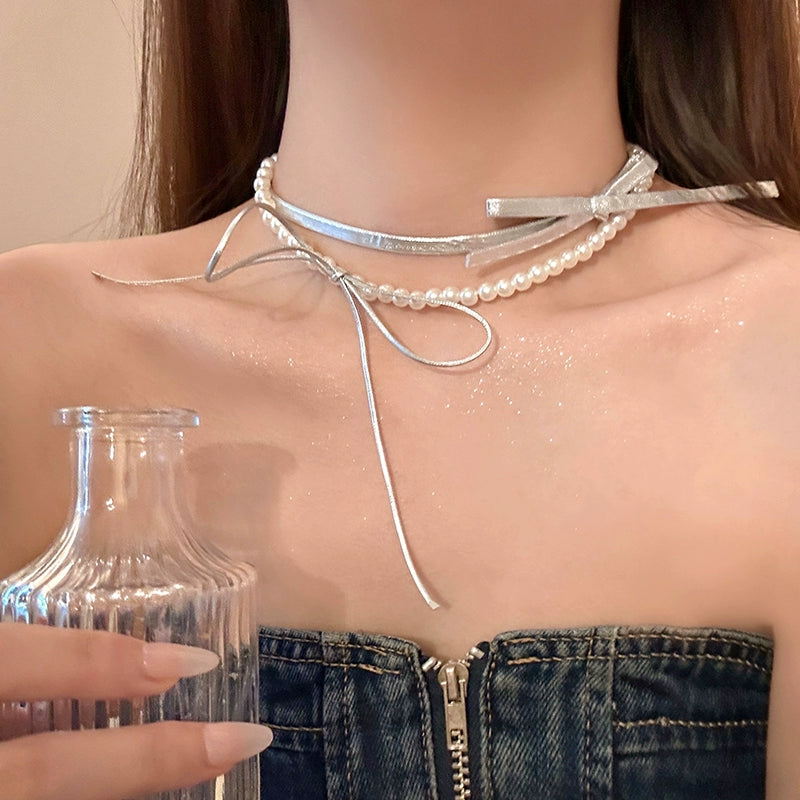 Silver Ribbon Layered Choker Jewelry