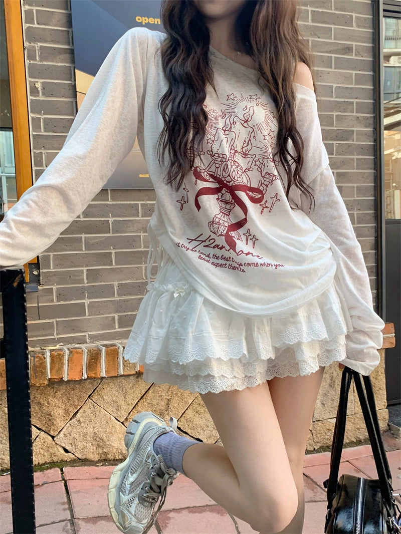 Lace Ruffle Graphic Long Sleeve Set