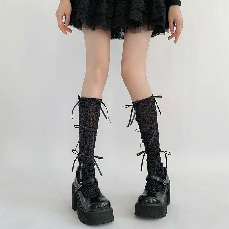 Chic Charcoal Ribbed Cotton Lace-Up Socks