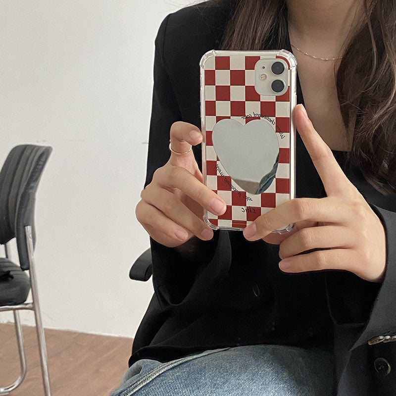 Brown Grid Heart Mirror Case