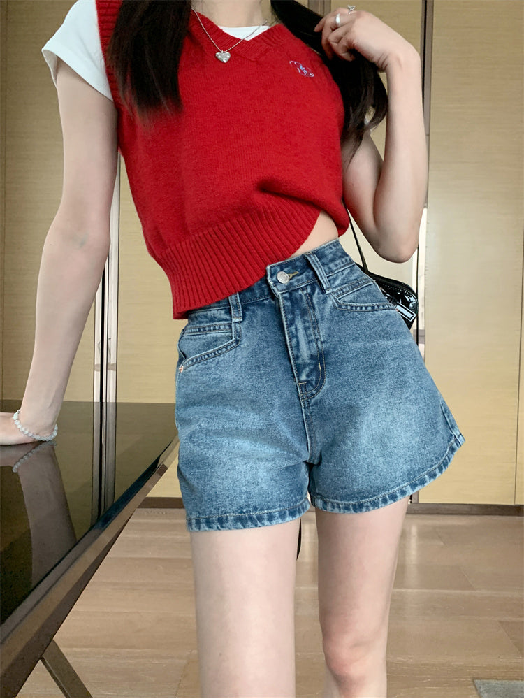 High Waist Washed Denim Shorts