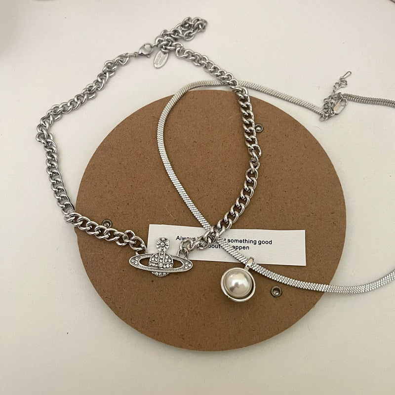 Rhinestone Planet with Pearl Layer Necklace