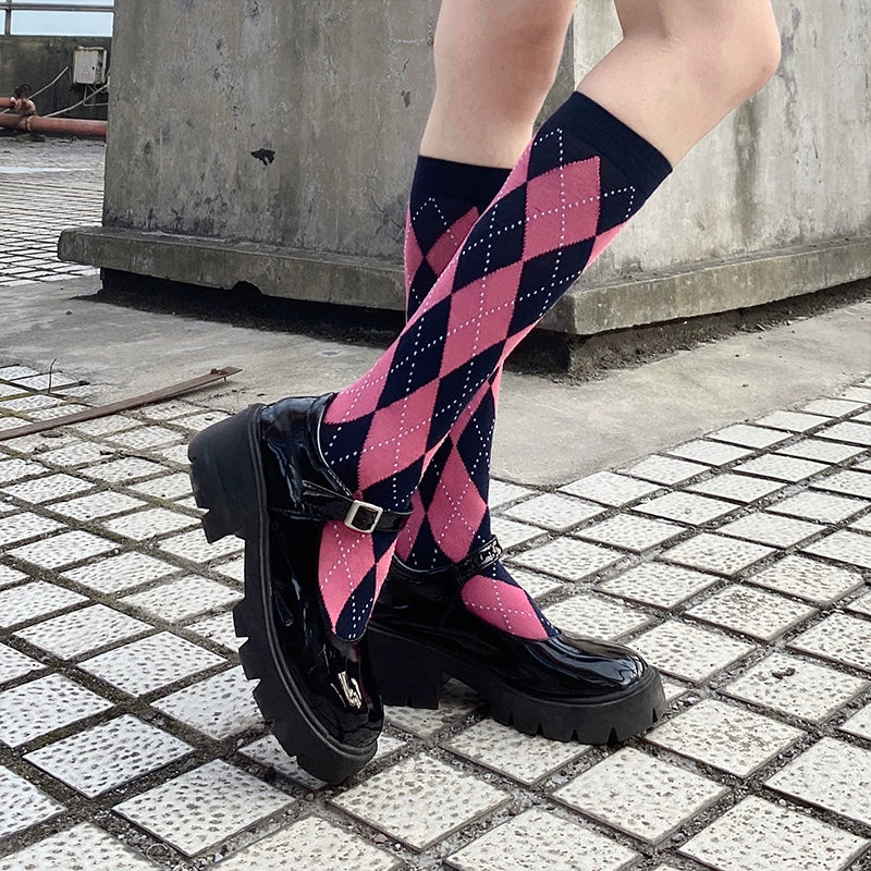 Vibrant Pink Diamond Knee-High Socks