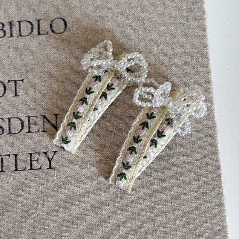 Floral Ribbon Pearl Hair Clips