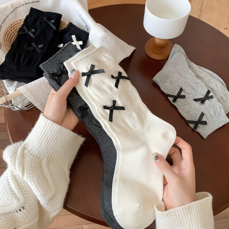 Cozy Bowknot Ribbed Cotton Socks