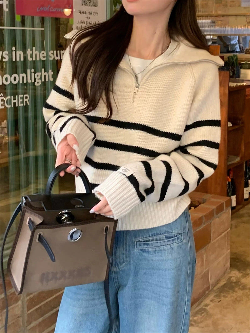 Stripe Zipped-Up Turtleneck Sweater