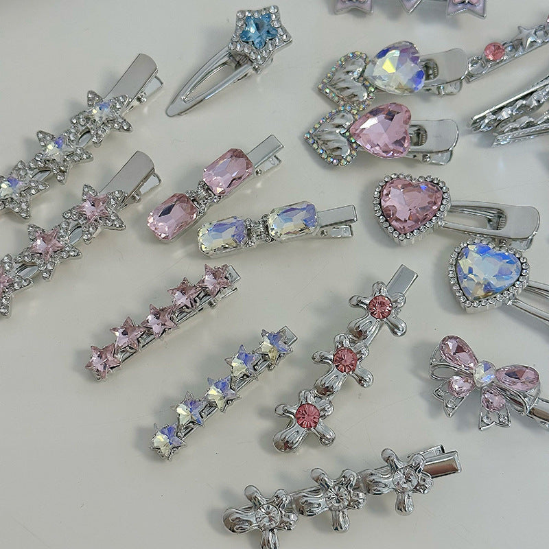 Silver Pink Crystal Hair Clips