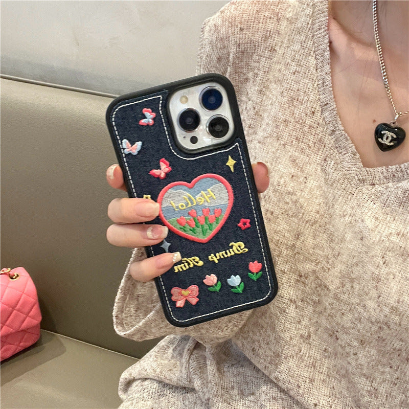 Embroidered Tulip Denim Case