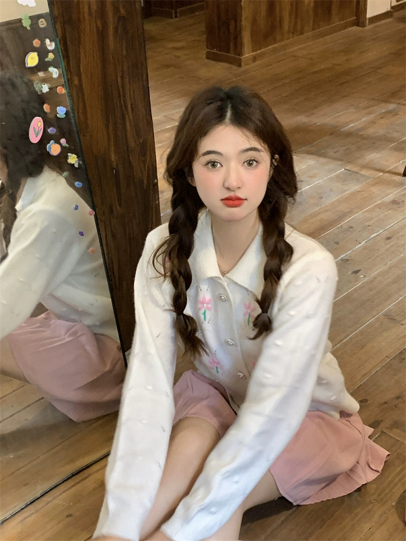 Pink Flower Beige Cardigan