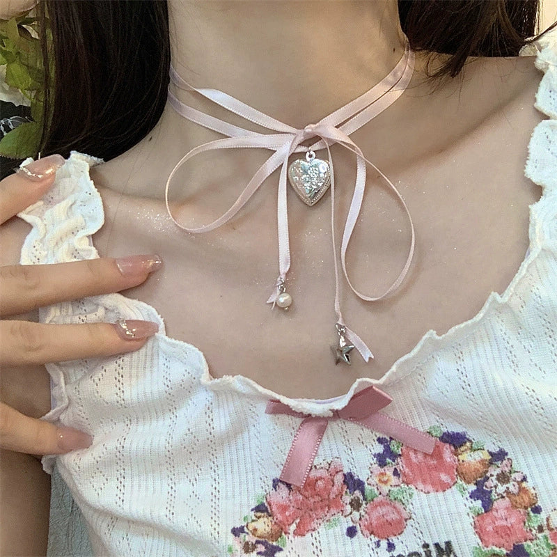 Crystal Heart Bow Choker Necklace
